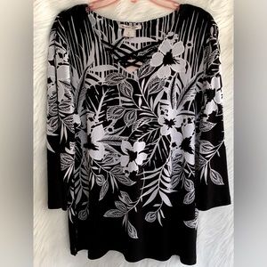 Allison Daley Women’s Blouse Top Black and White Floral Print Long Sleeve XL